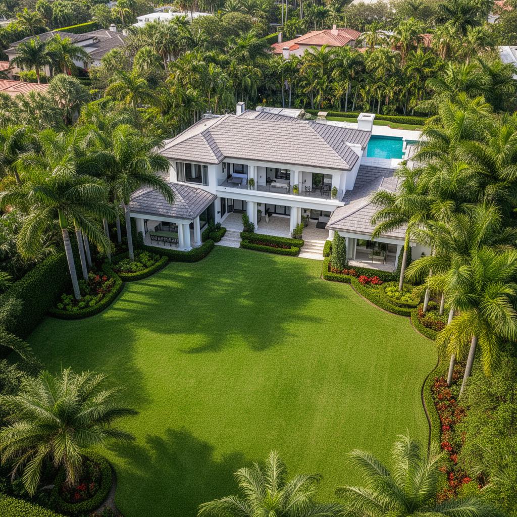 Aerial view of a luxury Florida residential property with manicured landscaping